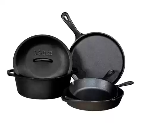 Lodge Seasoned Cast Iron 5 Piece Bundle. 10.5″ Griddle, 8″ Skillet, 10.25″ Skillet, 10.25″ Dutch Oven, and 10.25″ Lid,Black