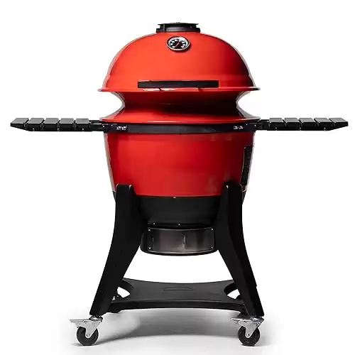 Kamado Joe Kettle Joe 22-inch Kettle Charcoal Grill with Hinged Lit, Cart, Side Shelves and SloRoller Hyperbolic Slow Smoker Chamber in Red, Model KJ15040320